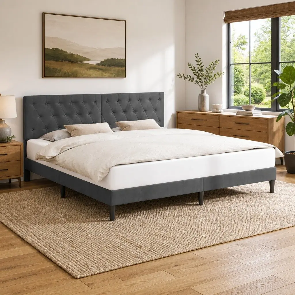 Bed Frame with Headboard Grey 180 x 200 cm Velvet Modern Bedroom Furniture