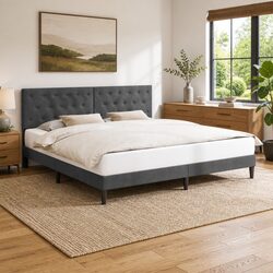 Grey Velvet Bed Frame with Headboard - Dimensions 180 x 200 cm