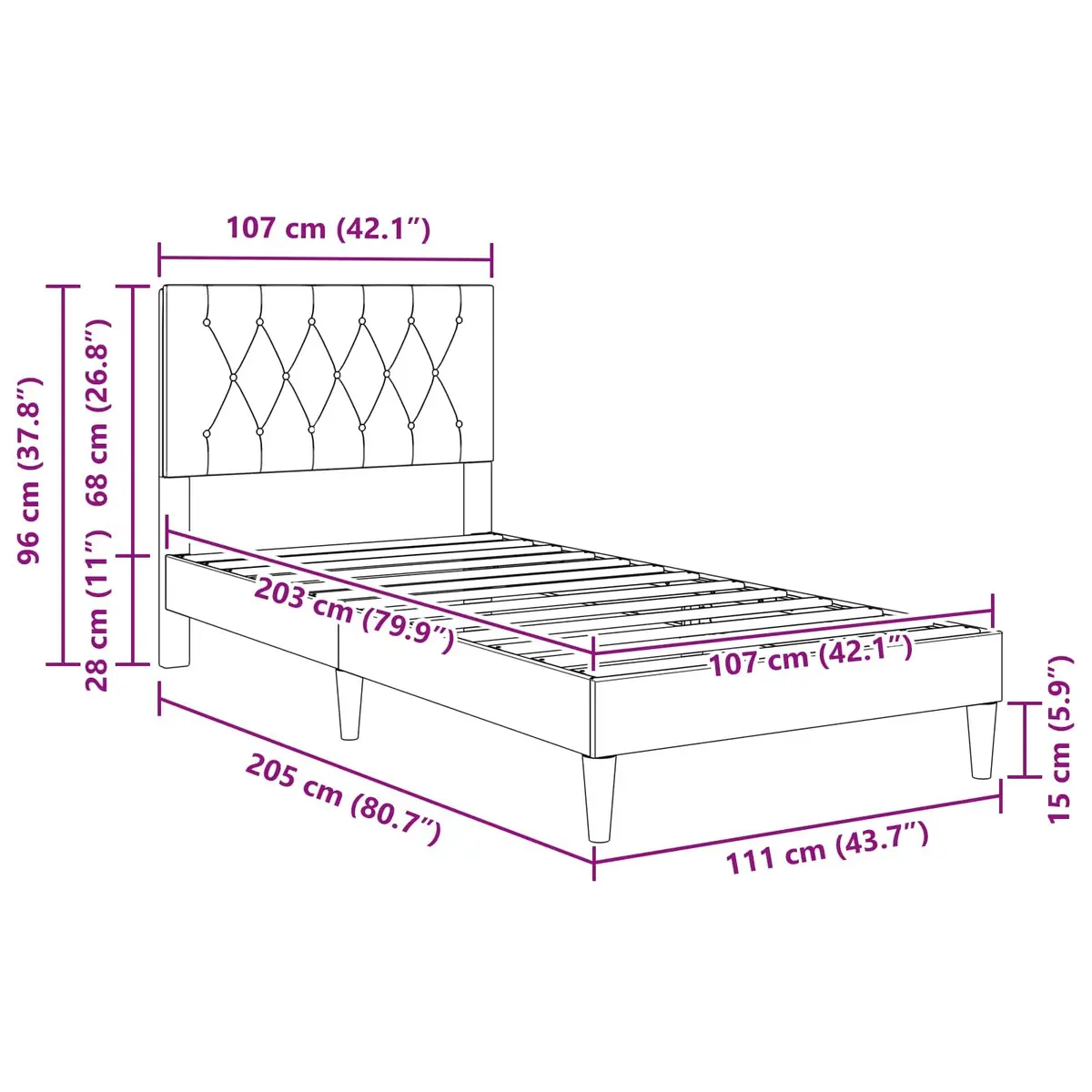 Modern Bed Frame with Velvet Headboard Dark Grey 107 x 203 cm Bedroom Furniture