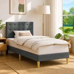 Bed Frame with Fabric Headboard Dark Grey 107 x 203 cm Modern Bedroom Furniture
