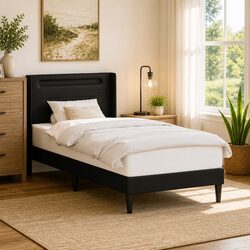 Black Bed Frame with LED Lights: 107 x 203 cm, Plywood