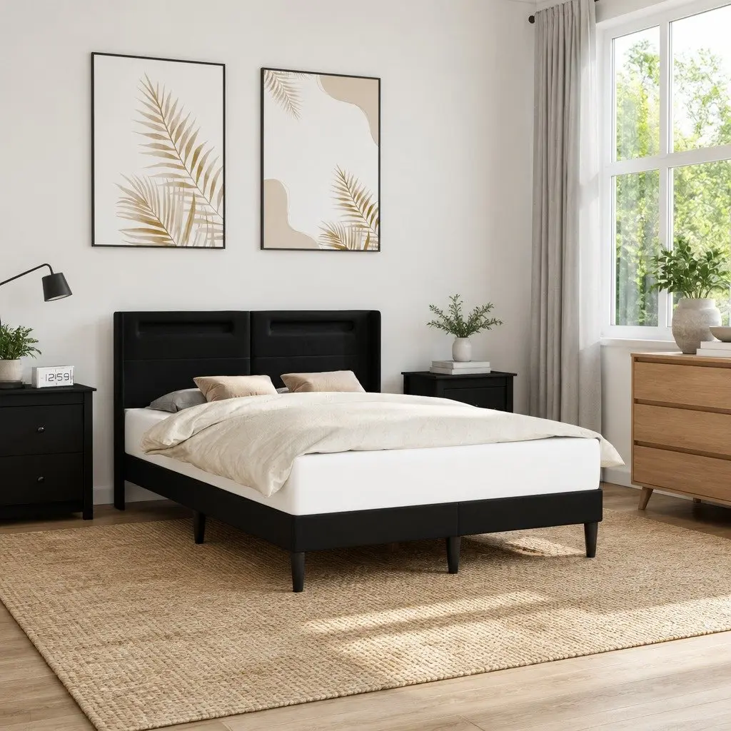 Bed Frame for Bedroom 153 x 203 cm with Multicolour LED Strip Lights Faux Leather