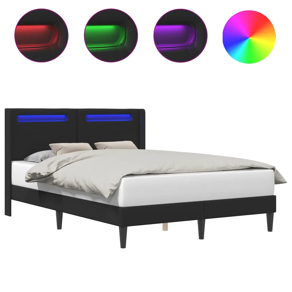 Bed Frame for Bedroom 153 x 203 cm with Multicolour LED Strip Lights Faux Leather