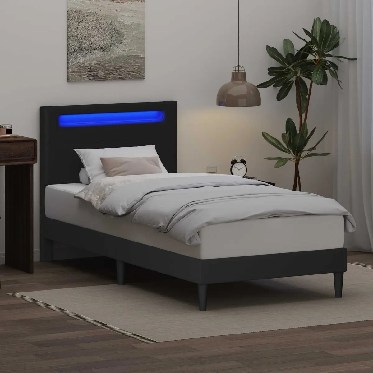 Black Bed Frame with Integrated LED Strip Lights Modern Faux Leather 107 x 203