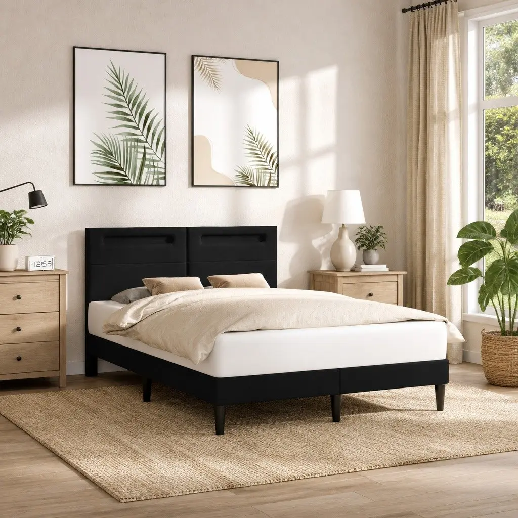 Black Bed Frame with LED Strip Lights USB Powered Modern Bedroom Furniture 137