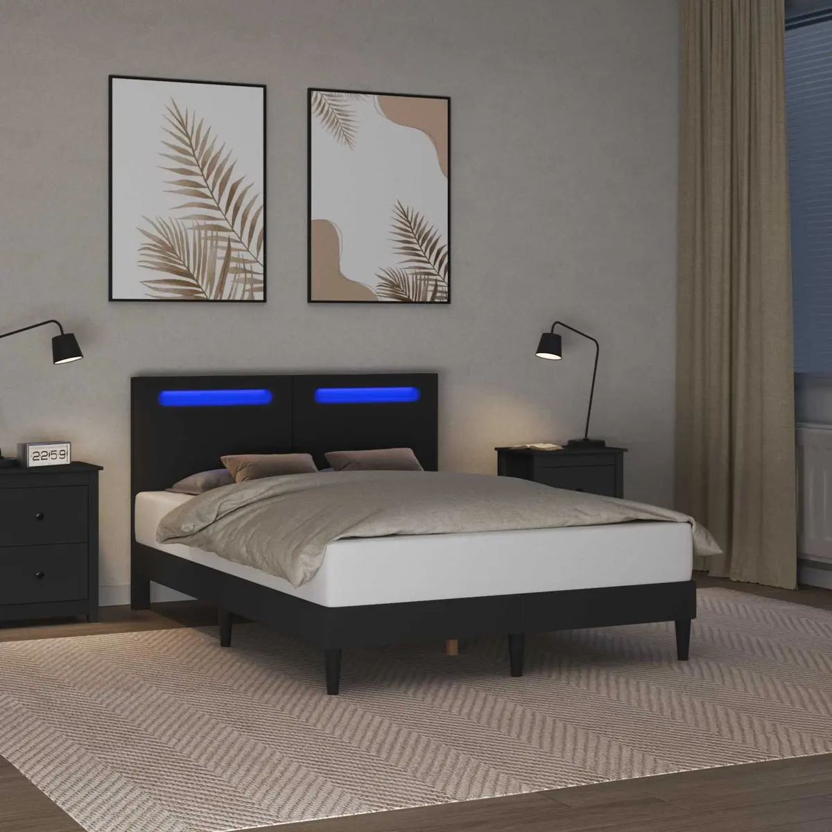 Black Bed Frame with LED Strip Lights USB Powered Modern Bedroom Furniture 137