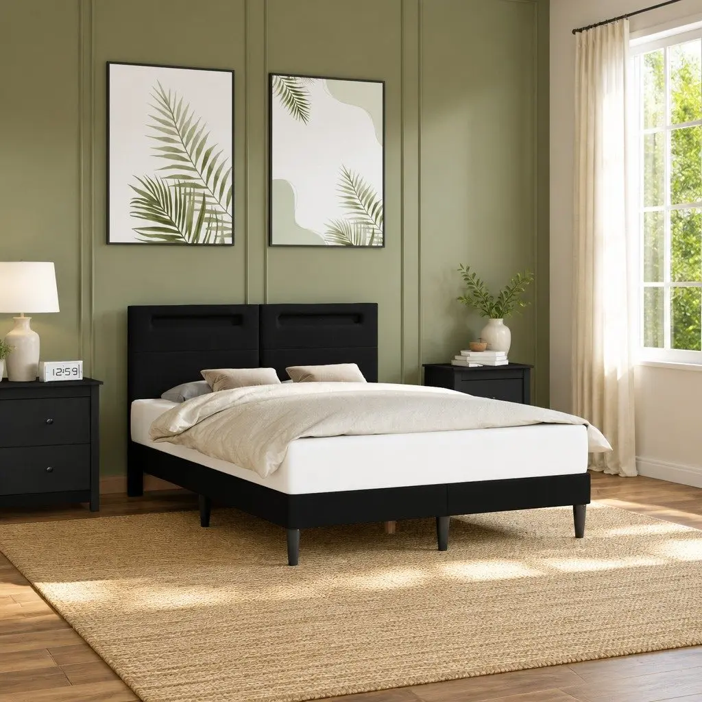 Black Bed Frame with LED Strip Lights for Modern Bedroom 153 x 203 cm