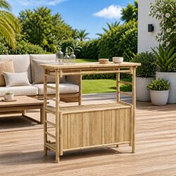 Brown Bamboo Bar Table with Storage Shelves and Modern Design