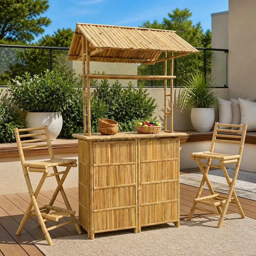 Outdoor Bar Table Bamboo with Shelves Modern Garden Patio Furniture 115x95x214cm