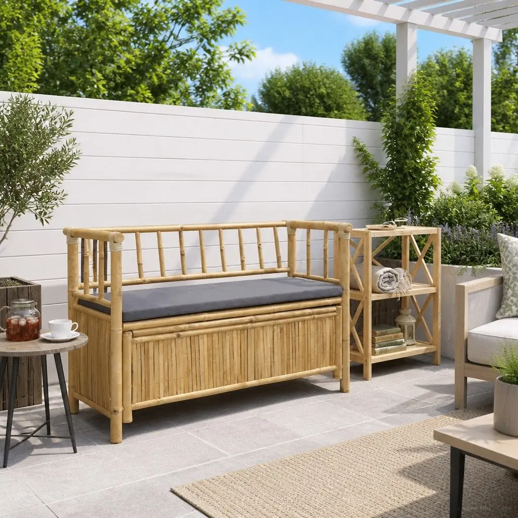 Bamboo Garden Storage Bench Outdoor Seating with Under-Seat Compartment 110 x 47 x 80 cm