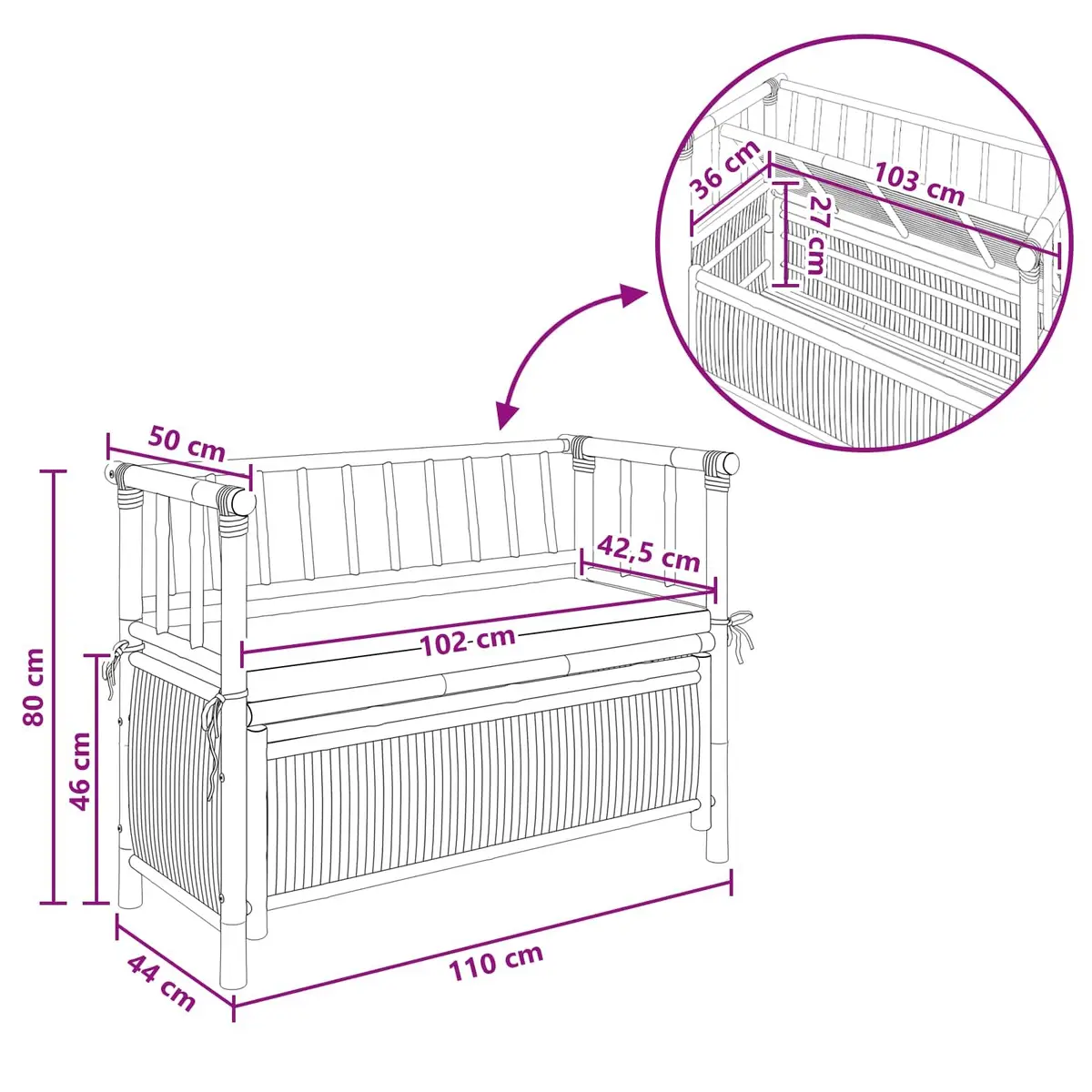 Bamboo Garden Storage Bench Outdoor Seating with Under-Seat Compartment 110 x 47 x 80 cm