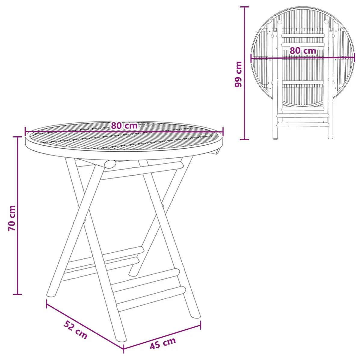 Bamboo Garden Table Indoor Outdoor Foldable Natural Brown 80x70cm