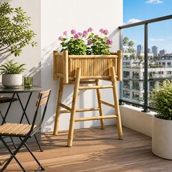 Garden Planter with Holder Bamboo Outdoor Patio Balcony Plant Pot Natural Brown