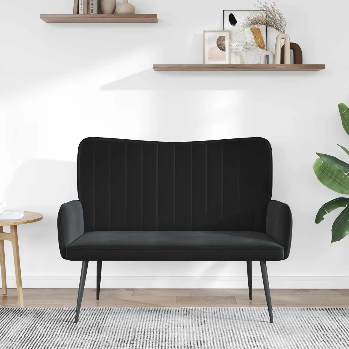 2-Seater Sofa Living Room Black Velvet Upholstery 115x61x87cm