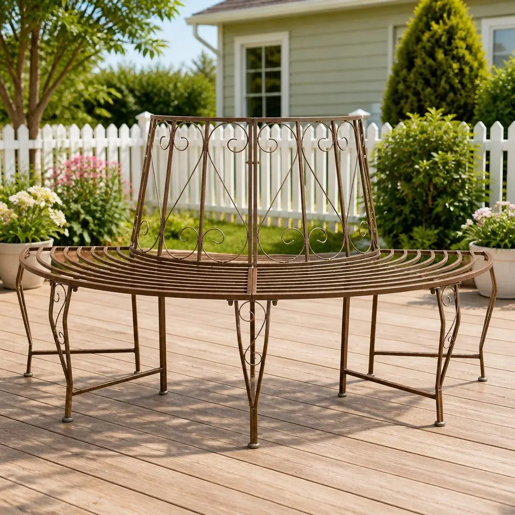 Outdoor Tree Bench 4-Seater Garden Furniture Steel Frame Backyard