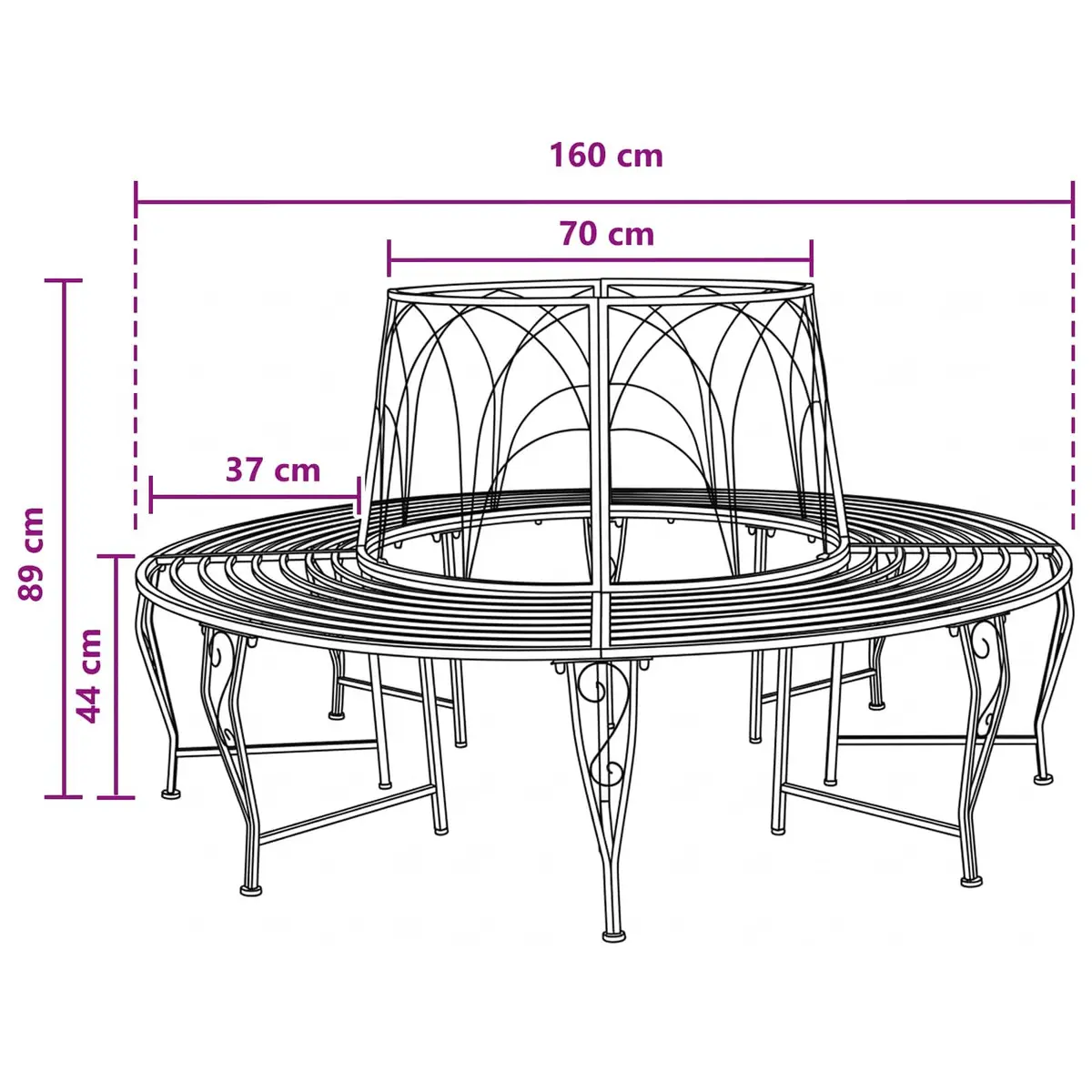 Round Tree Bench 8-Seater Garden Outdoor Seating Steel Frame Grey 160cm Diameter
