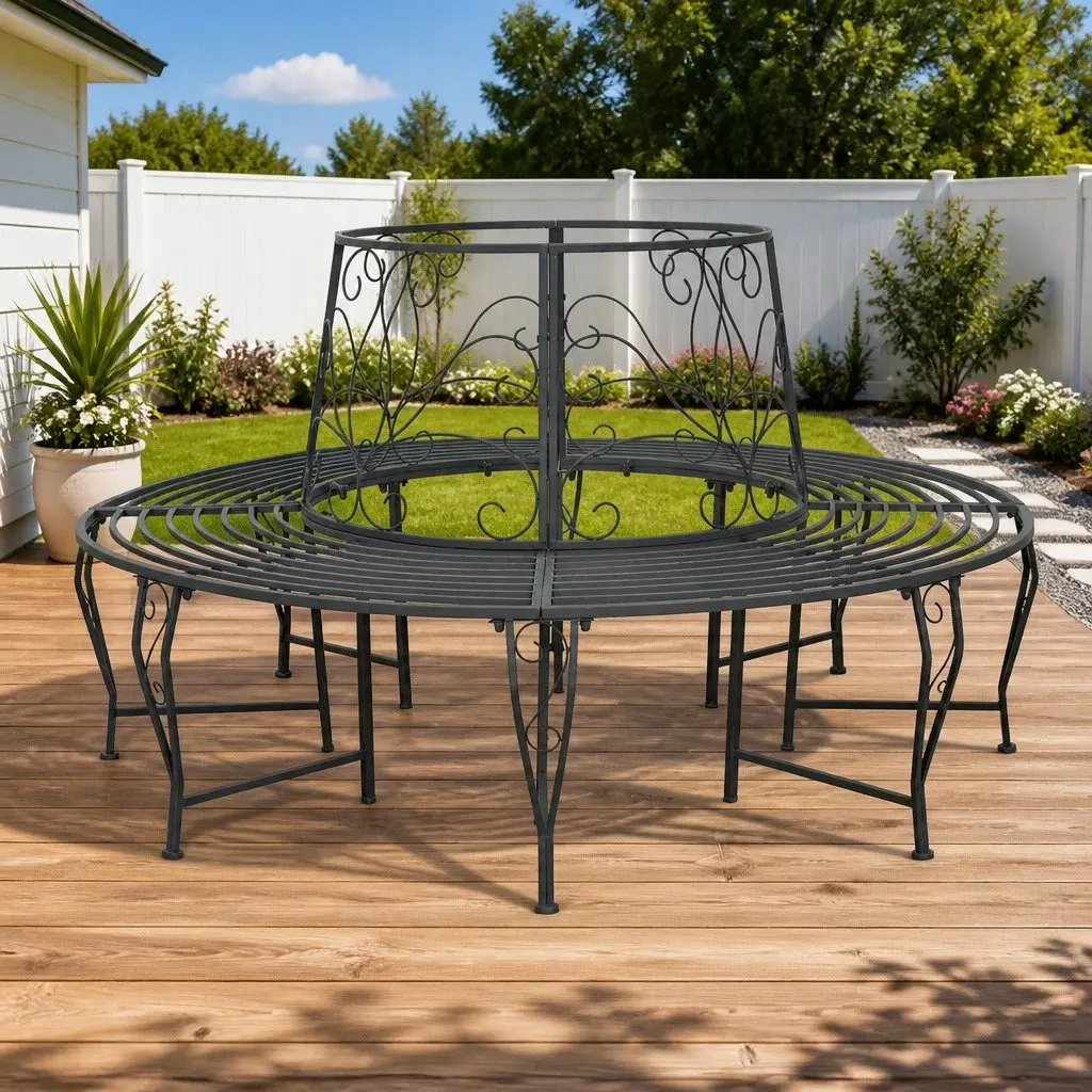 Round Tree Bench Outdoor Seating 160cm Steel Grey 8 Seater