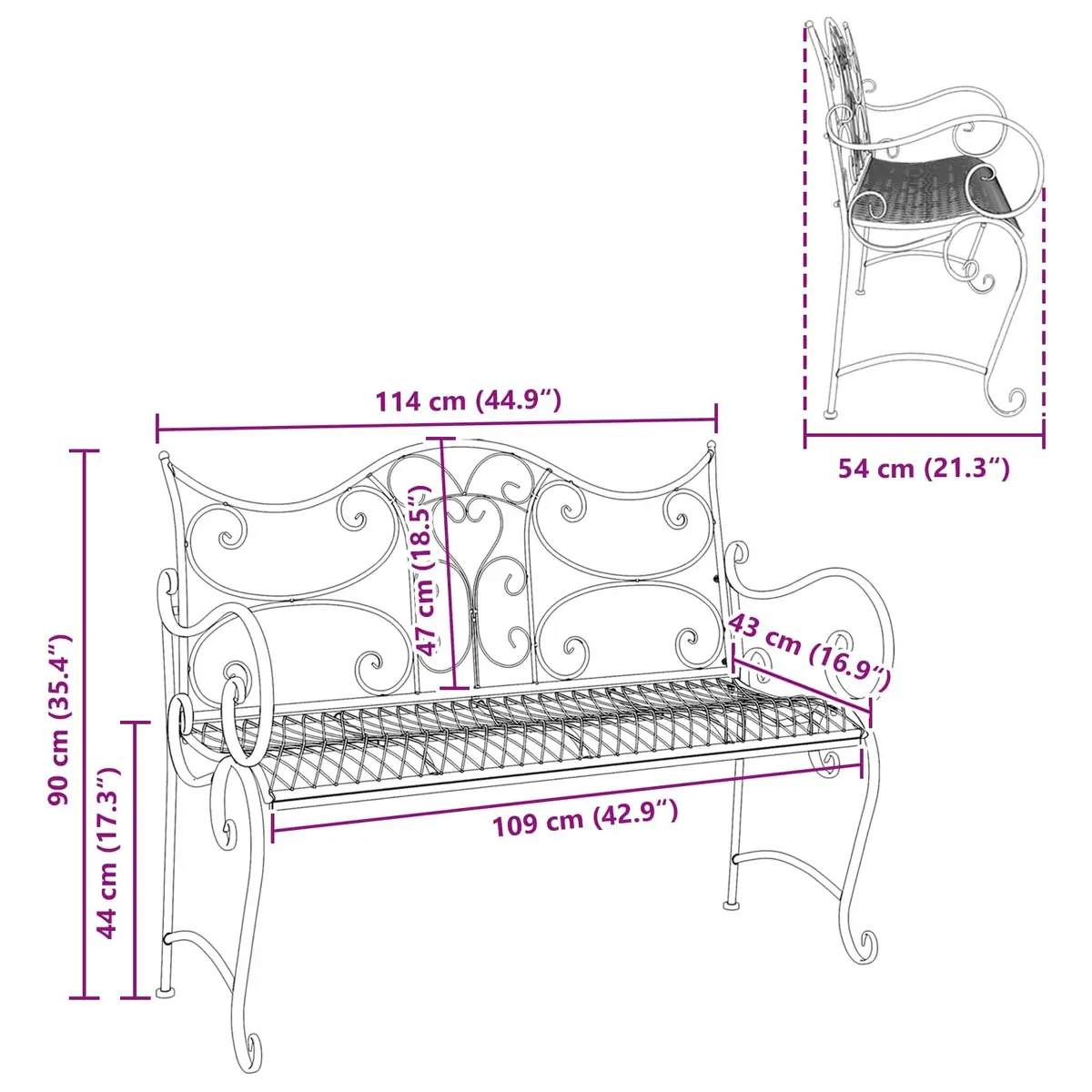 Garden Bench Outdoor Seating 2-Seater Silver Steel 114 x 56.5 x 90 cm