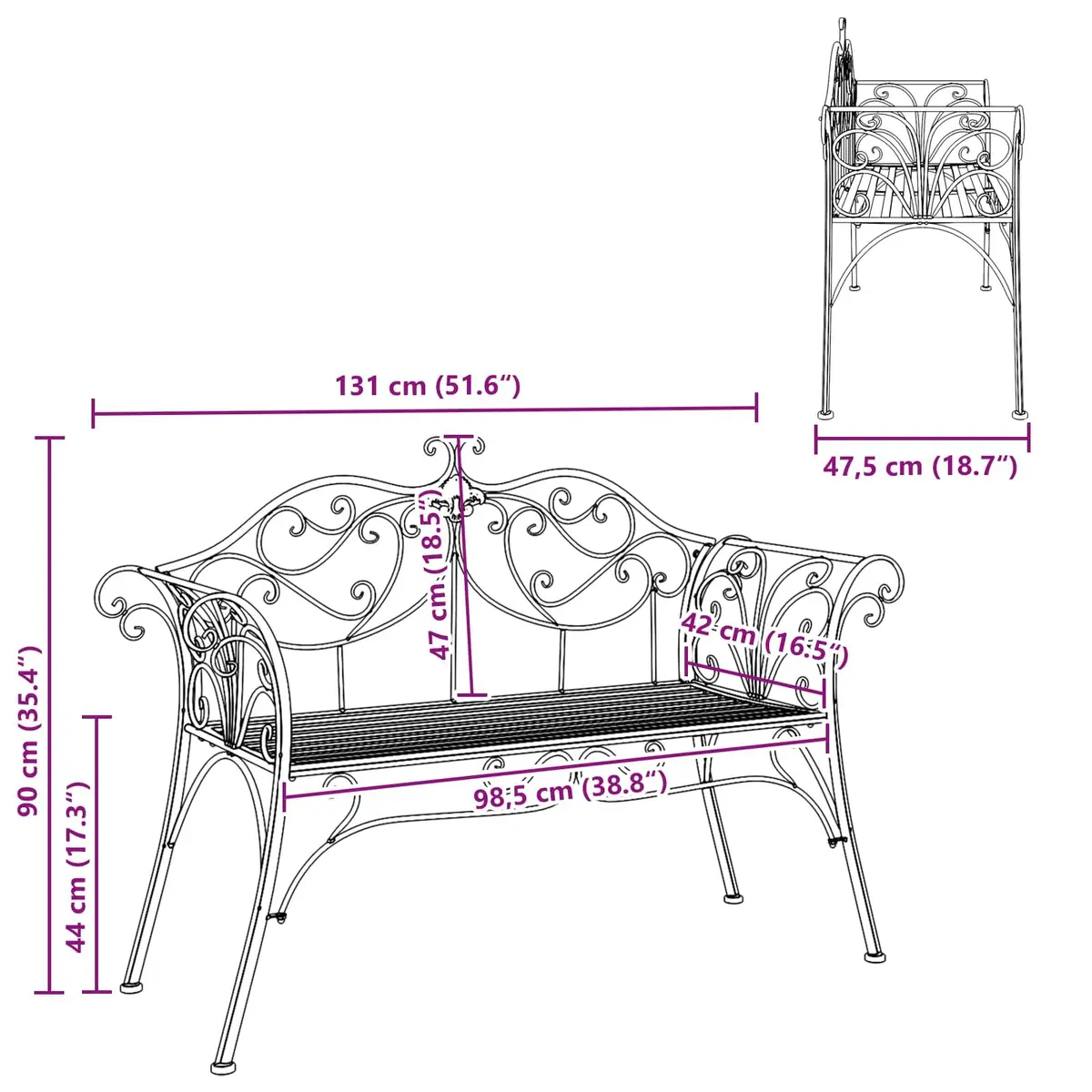 Garden Bench Outdoor Seating 2-Seater Steel Silver Grey 130cm