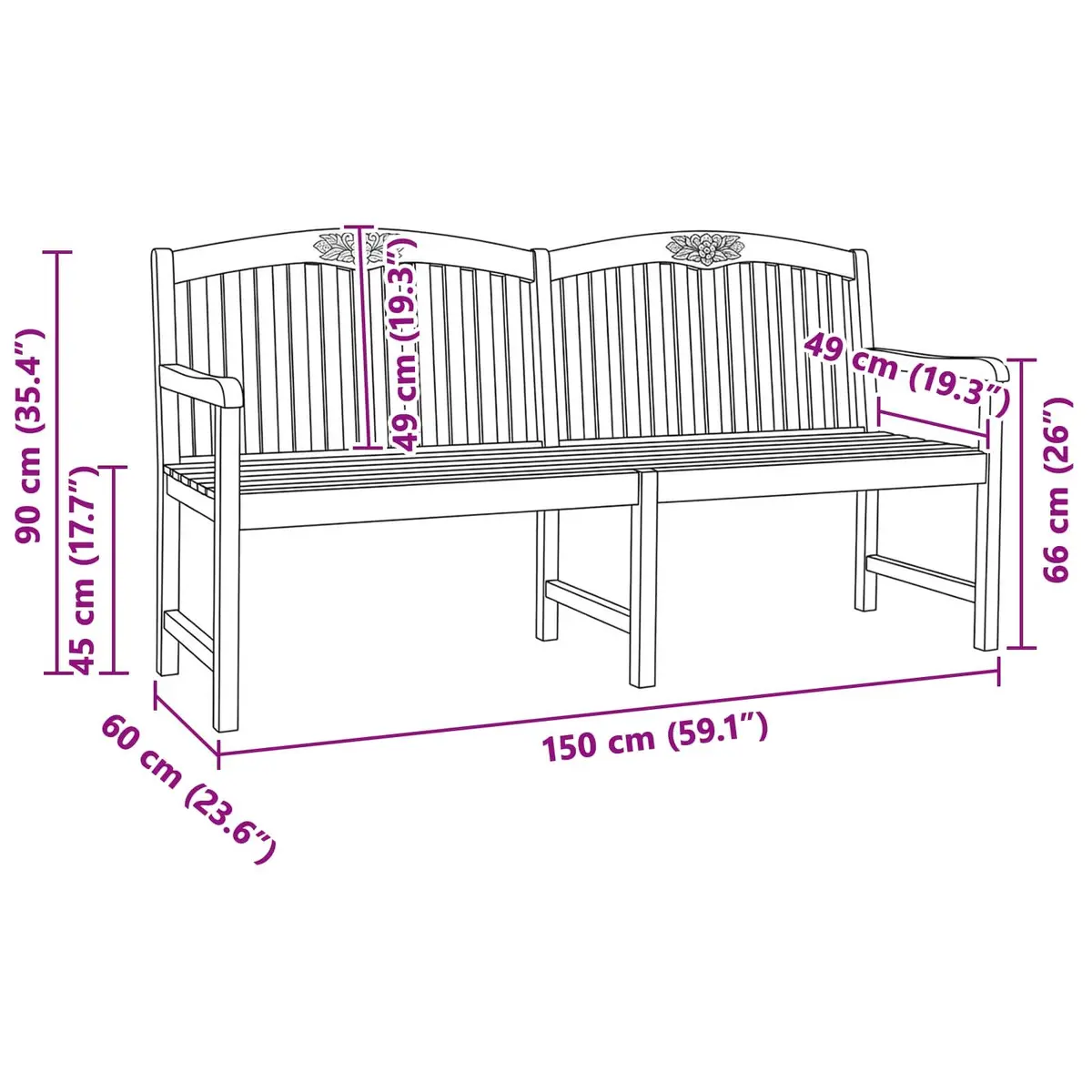Outdoor Garden Bench Solid Teak Wood Slat Back Patio Seating Natural Brown 150cm