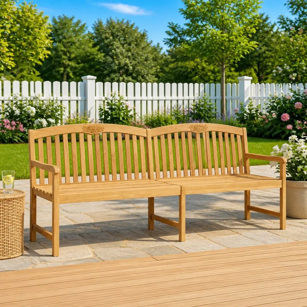Outdoor Garden Bench Solid Teak Wood Slat Back Design Patio Seating Natural