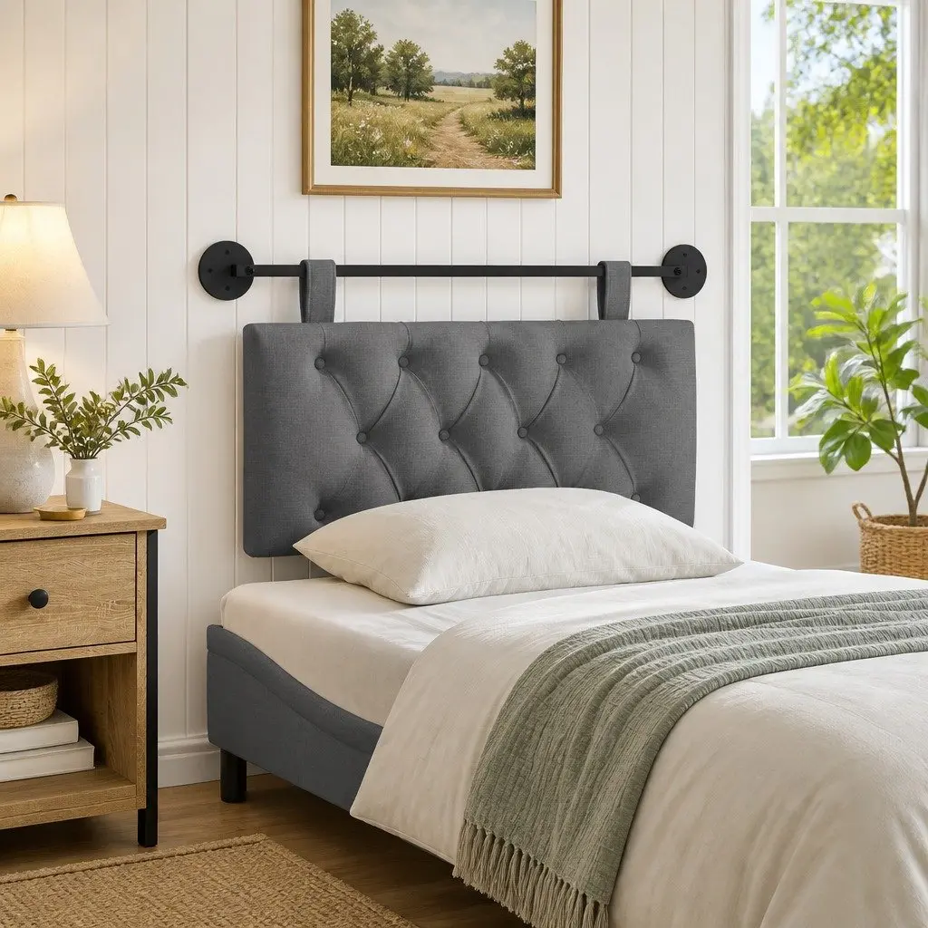 Hanging Headboard Wall-Mounted Bedroom Furniture Grey Fabric Upholstered