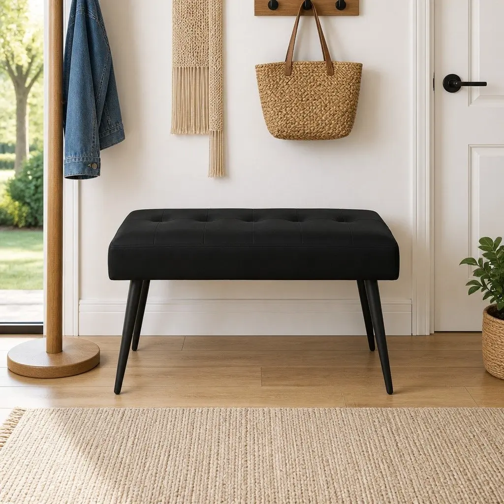 Black Velvet Button Tufted Bench