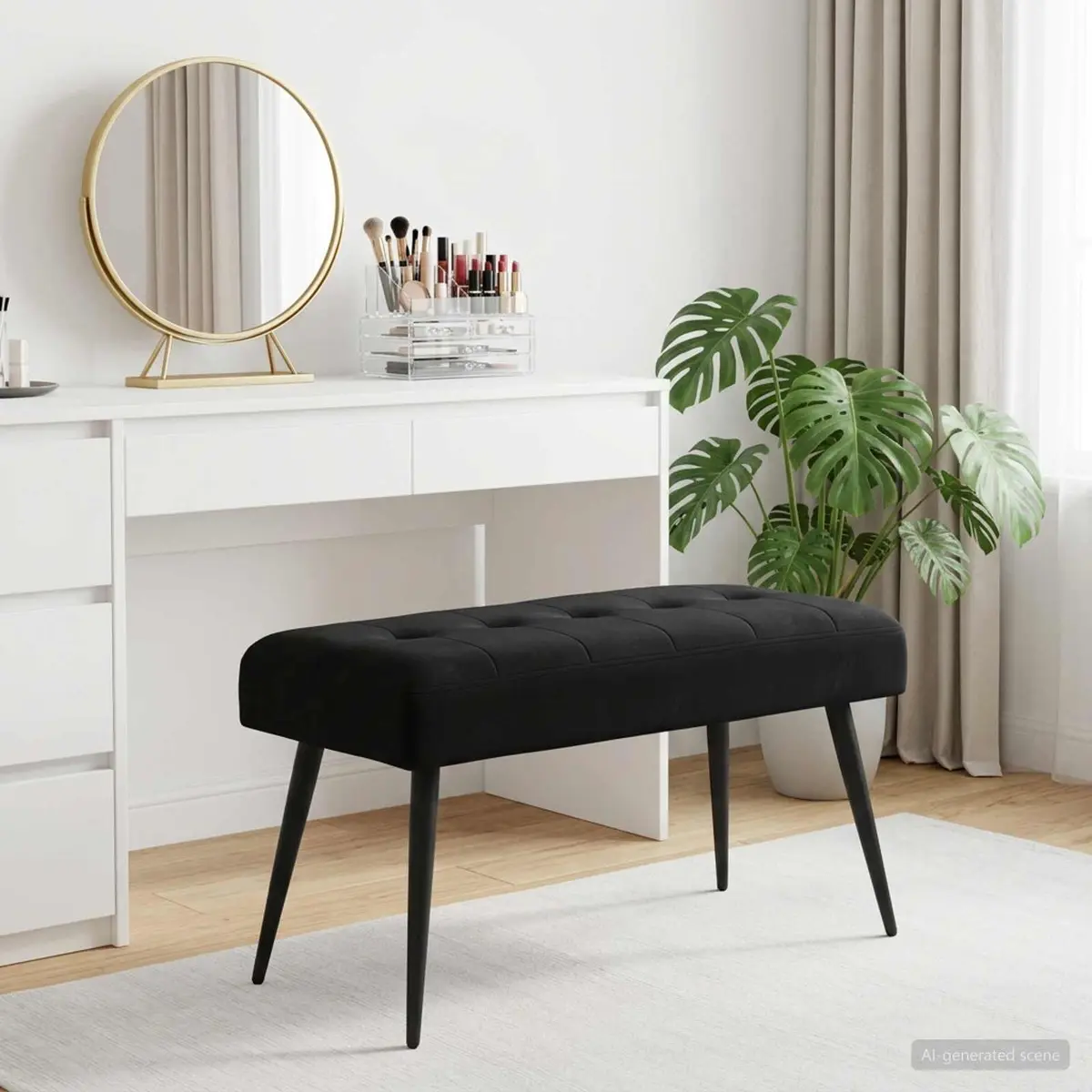 Black Velvet Button Tufted Bench