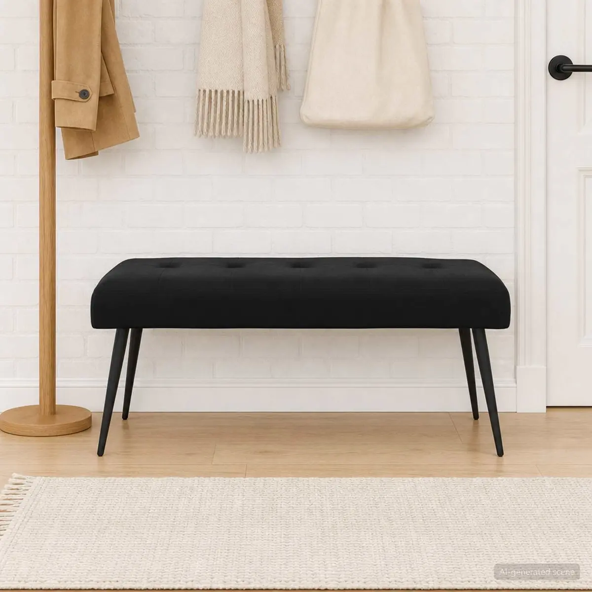 Button Tufted Velvet Bench Black Seating Upholstered Indoor Furniture Living
