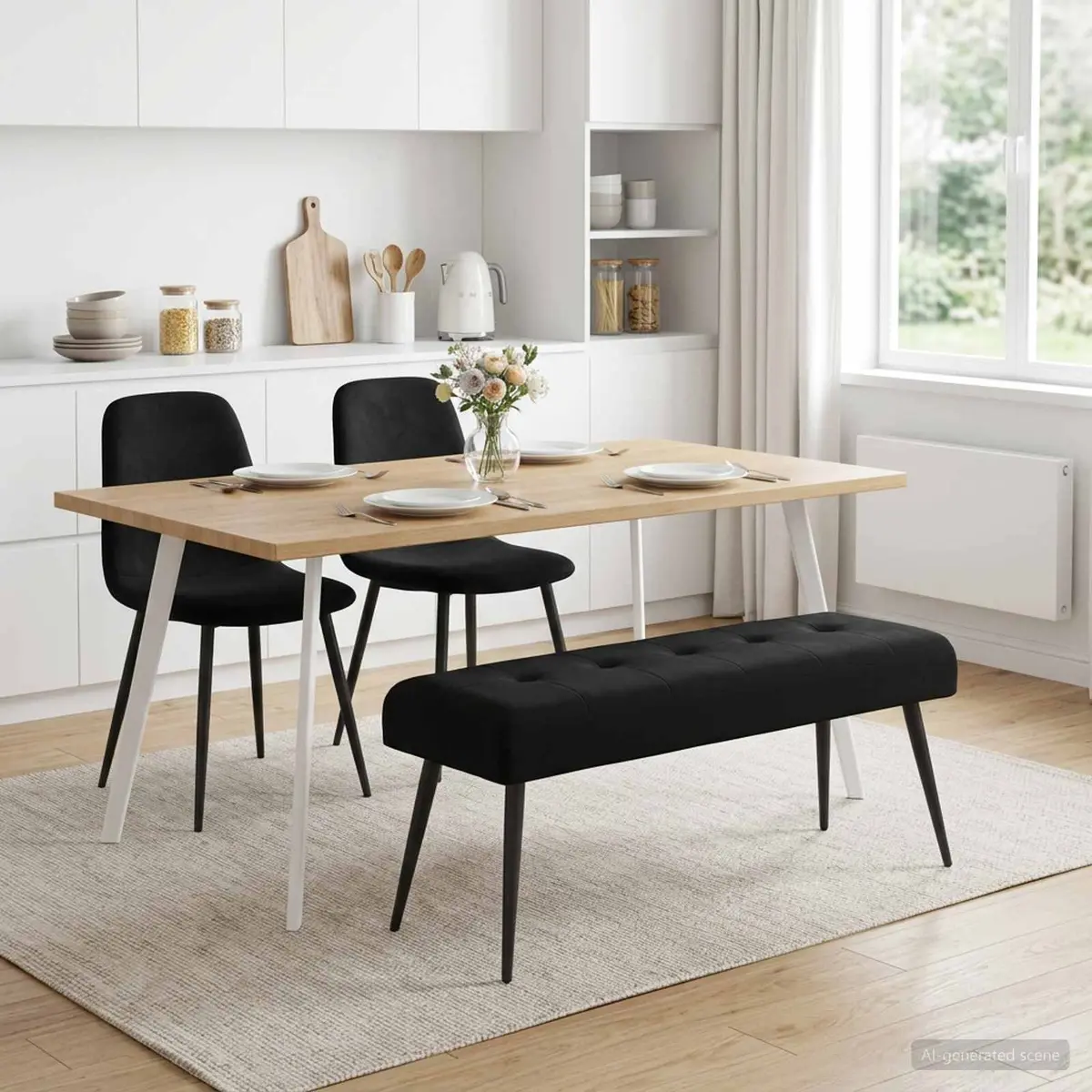 Button Tufted Velvet Bench Black Seating Upholstered Indoor Furniture Living