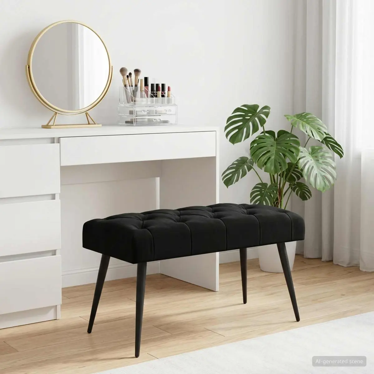 Button Tufted Bench for Home Black Velvet Seat 80 x 40 x 46 cm