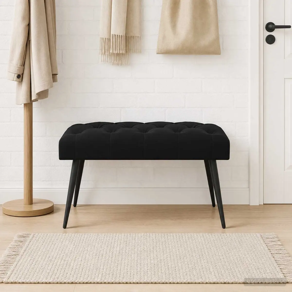 Button Tufted Bench for Home Black Velvet Seat 80 x 40 x 46 cm
