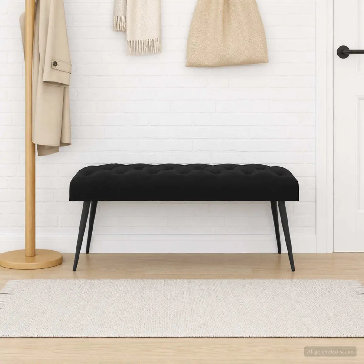 Button Tufted Velvet Bench Black Seat Ottoman Furniture Living Room Bedroom