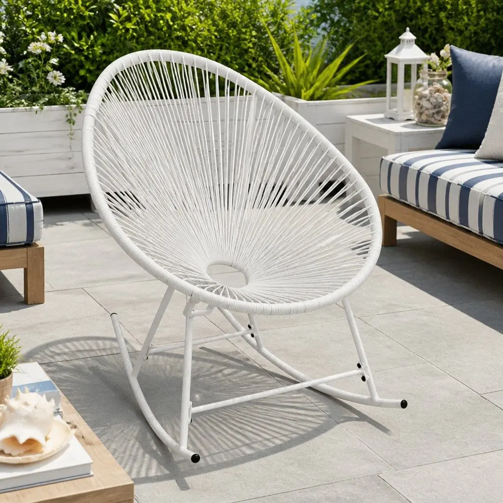Outdoor Rocking Chair for Patio Garden White Poly Rattan Oval