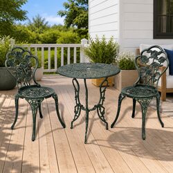 3 Piece Bistro Set: Round Table and 2 Chairs, Green Finish