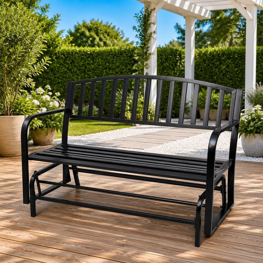 Black Steel Swing Bench Glider Outdoor Seating for Two Persons Garden Patio Rocking