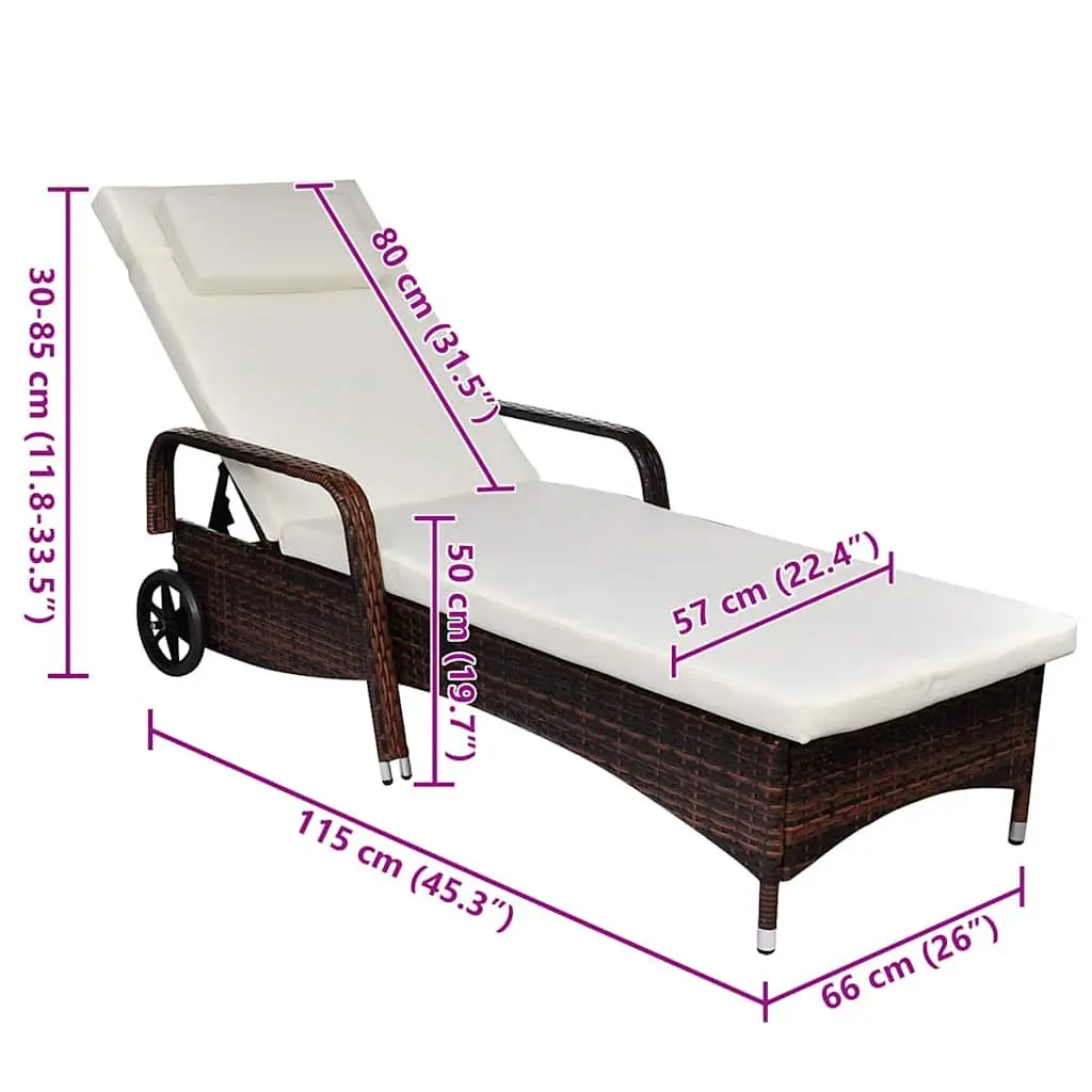 Sun Lounger with Cushion Wheels Adjustable Backrest Outdoor Reclining Chair
