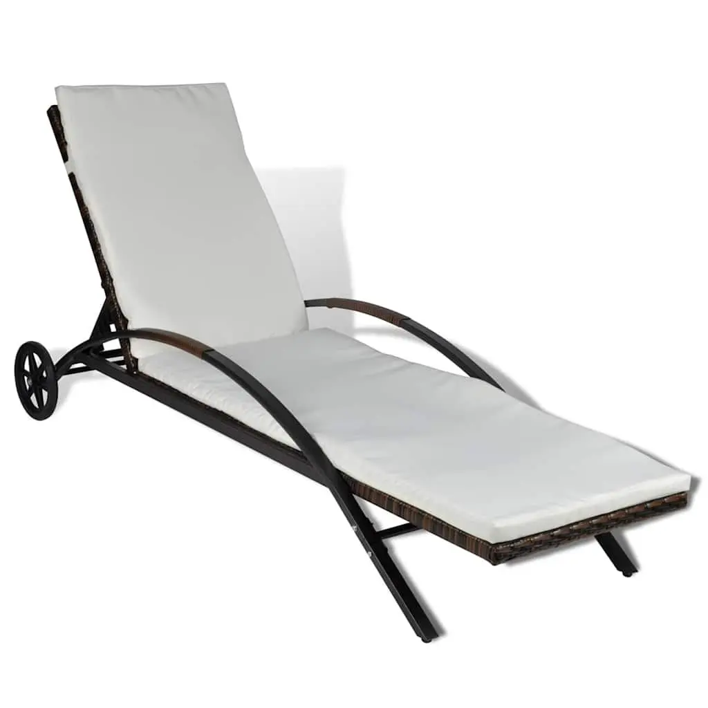 Sun Lounger with Cushion Wheels Rattan Outdoor Garden Patio Lounge Chair Bed
