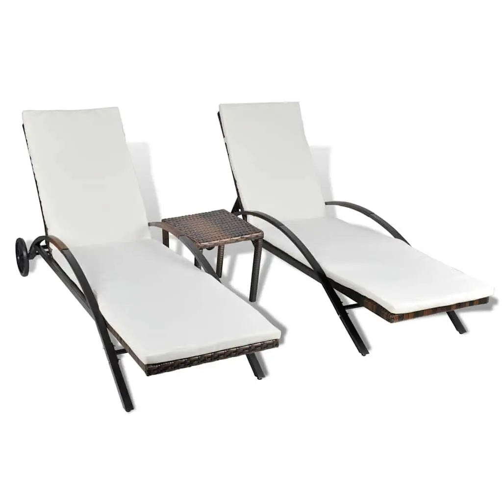 Sun Loungers Set for Garden Patio Outdoor with Table Brown PE Rattan 2 Piece