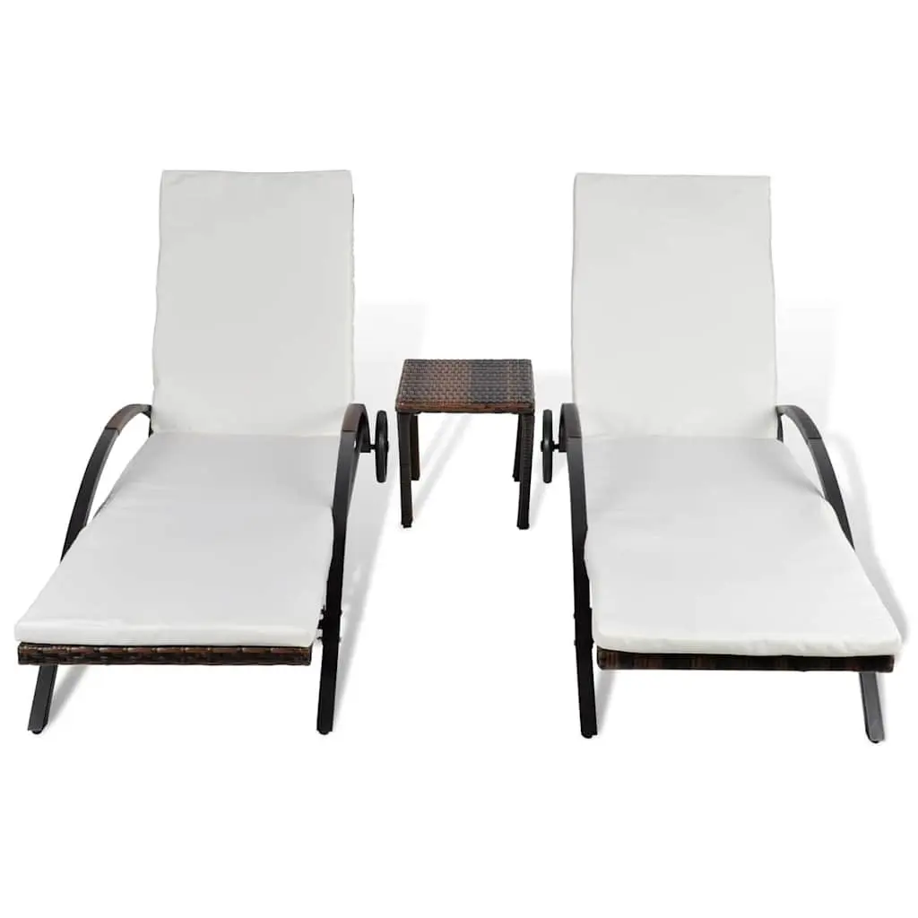 Sun Loungers Set for Garden Patio Outdoor with Table Brown PE Rattan 2 Piece