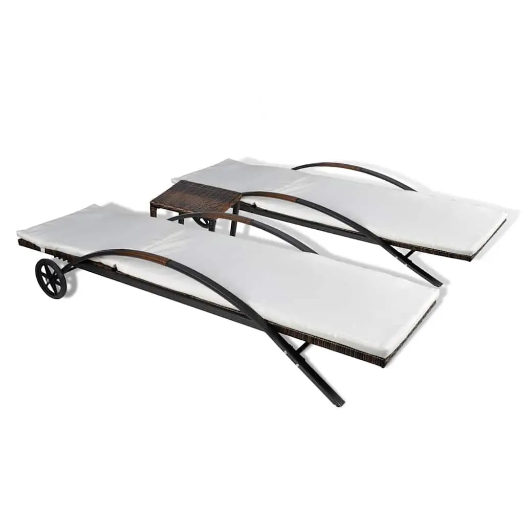 Sun Loungers Set for Garden Patio Outdoor with Table Brown PE Rattan 2 Piece