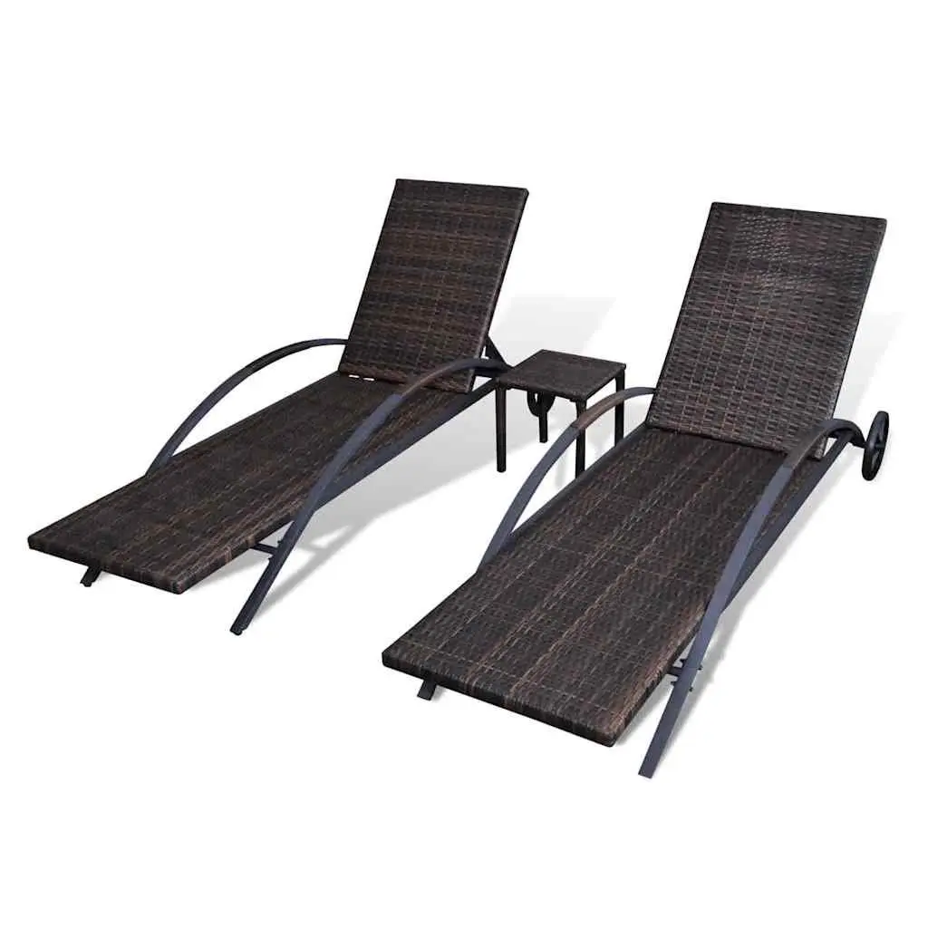 Sun Loungers Set for Garden Patio Outdoor with Table Brown PE Rattan 2 Piece