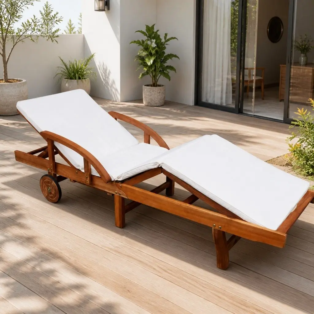 Sun Lounger Outdoor Garden Patio Adjustable Backrest with Wheels and Cushion