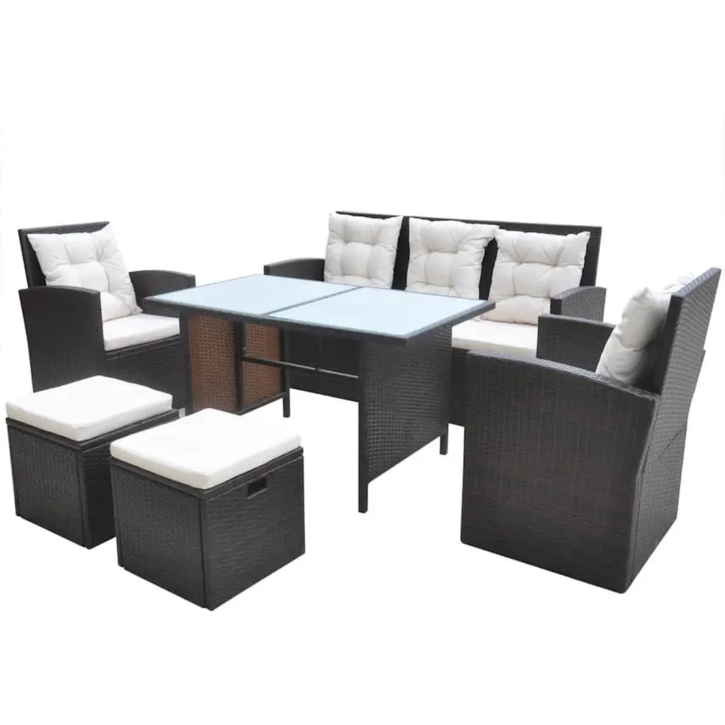 Outdoor Dining Set 6 Piece Rattan Furniture Garden Patio Brown with Cushions