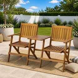 Outdoor Garden Bench 140cm Folding Wooden Seat with Tea Table Two Person