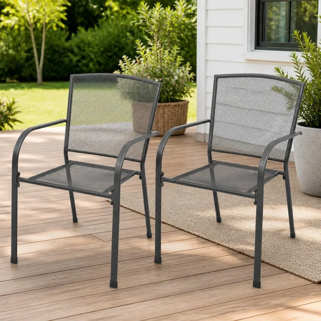 Stackable Garden Chairs 2 pcs Steel Mesh Design Outdoor Dining Seating