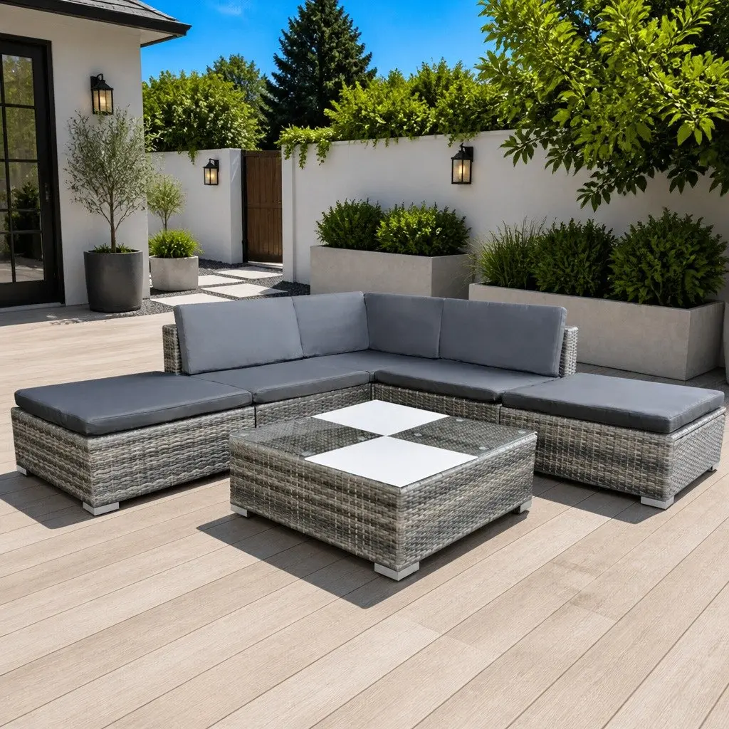 Garden Lounge Set Outdoor Rattan Sofa 6 Piece Patio Furniture Grey with Cushions