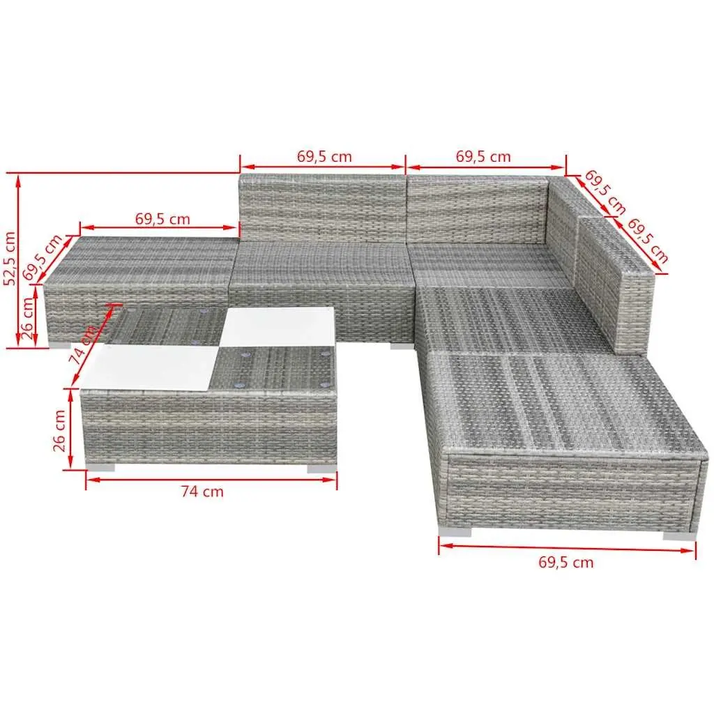 Garden Lounge Set Outdoor Rattan Sofa 6 Piece Patio Furniture Grey with Cushions