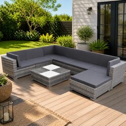 8 Piece Lounge Set: Grey PE Rattan and Steel Frame