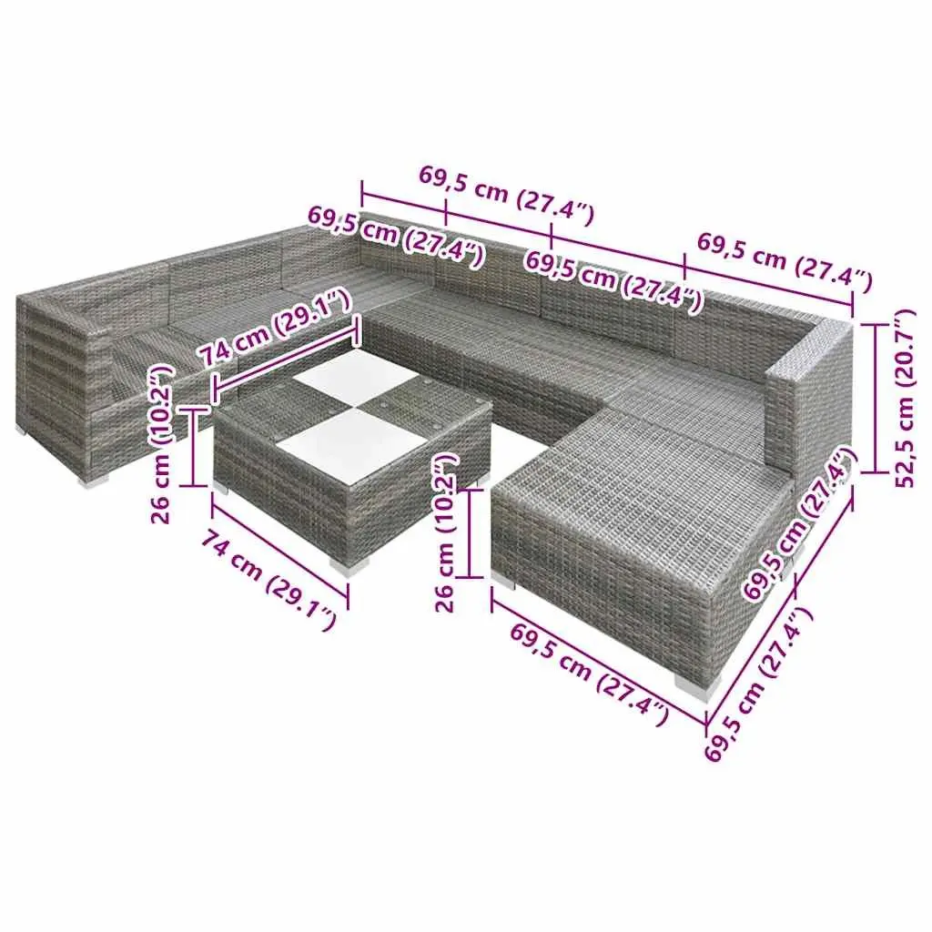 8 Piece Outdoor Lounge Set Grey Poly Rattan Sofa Patio Garden Furniture